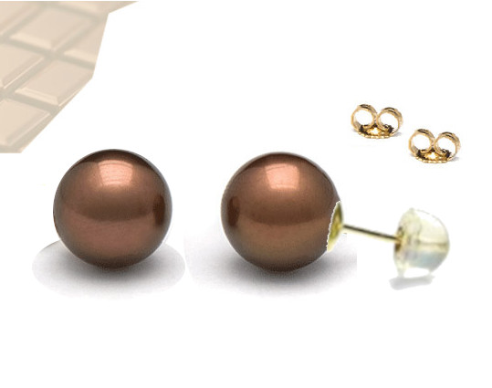 Boucles d'Oreilles de perles Chocolat  en or 18k avec papillons en silicon avec insert en or 18k, très confortables