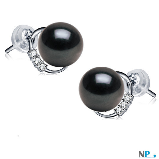 Boucles d'oreilles Or 18 carats et perles d'eau douce noires
