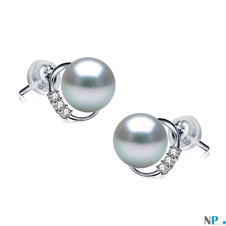Boucles d'oreilles de perles de culture en Or 18k diamants et perles d'Akoya bleues