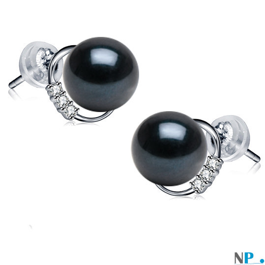 Boucles d'oreilles de perles de culture en Or 18k diamants et perles d'Akoya noires