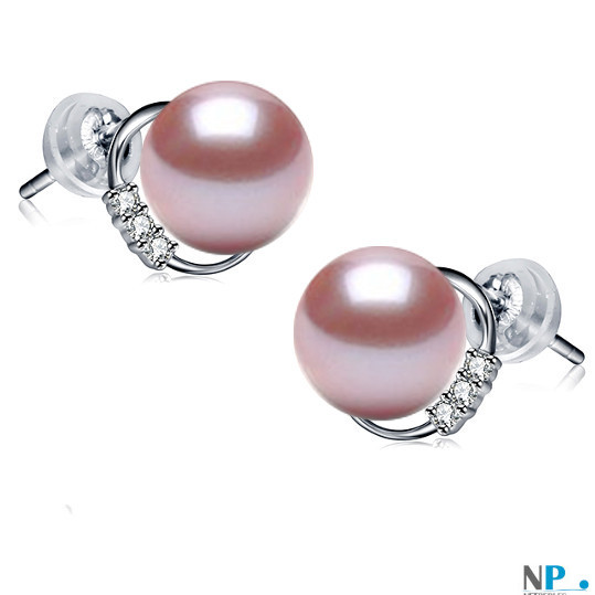 Boucles d'oreilles Or 18 carats et perles d'eau douce couleur lavande