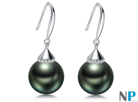 Boucles d'oreilles de Perles de Tahiti avec diamants en Argent 925 rhodié avec zirconiums