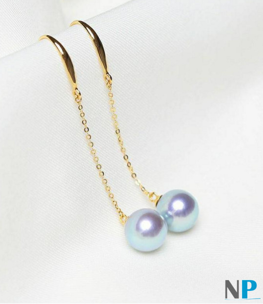 Paire de boucles d'oreilles de perles de culture Akoya bleues argentées sur Or 18k