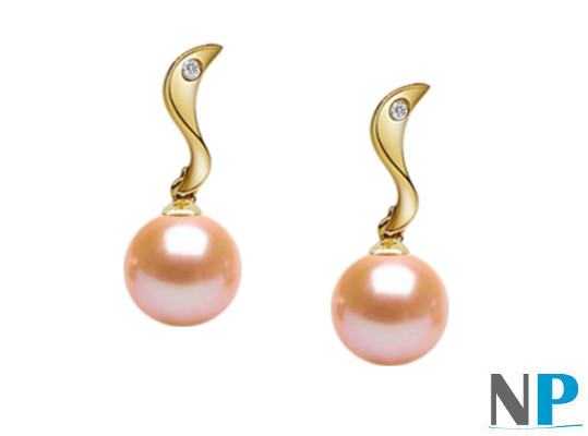 Orecchini in Oro giallo 18k  Diamanti e Perle d'acqua dolce DOLCEHADAMA di colore naturale rosa pesca