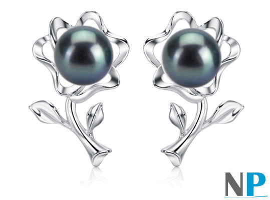 Boucles d'oreilles avec perles noires d'eau douce, en Argent 925