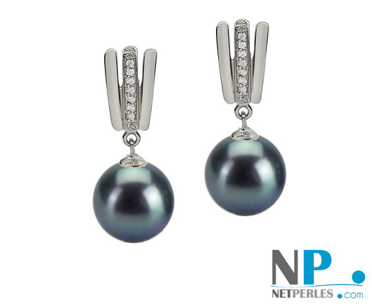 Boucles d'oreilles en Or Gris et diamants avec perles d'eau douce noires AAA