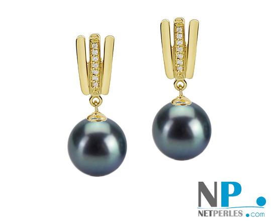Boucles d'oreilles en Or Jaune et diamants avec perles d'eau douce noires AAA
