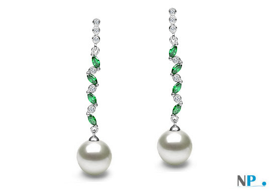 Boucles d'Oreilles Argent 925 Zirconiums Tourmalines vertes Perles d'Eau Douce AAA blanches