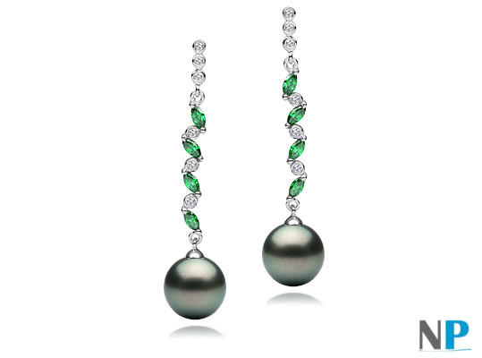 Boucles d'Oreilles Argent 925 zirconiums tourmalines vertes Perles de Tahiti