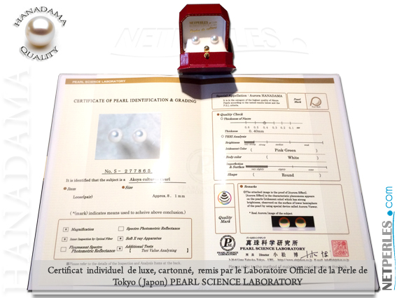 Gli orecchini sono accompagnati da certificato originale del Pearl Science Laboratory di Tokyo