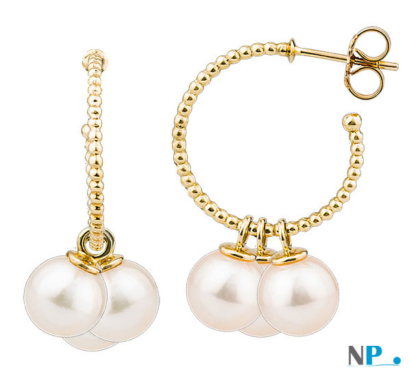 Boucles d'oreilles créoles ouvertes avec 3 perles de culture