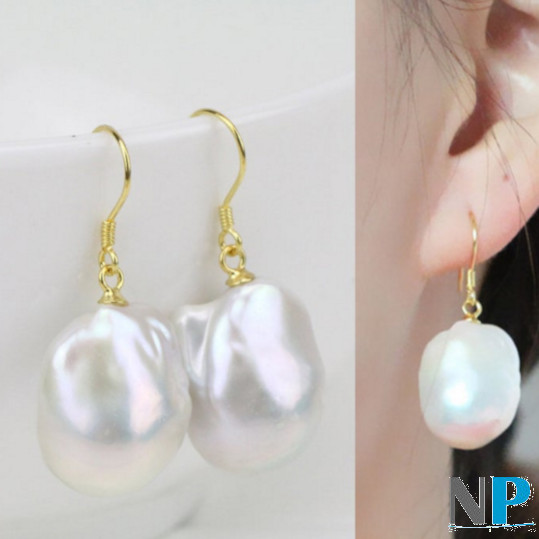 Boucles d'oreilles avec perles JUMBO d'eau douce, en argent  plaqué or jaune