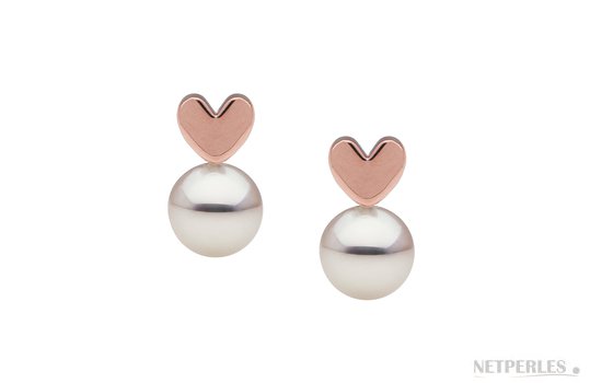 Boucles d'oreilles Coeurs en Or Rose avec Perles de culture d'eau douce DOUCEHADAMA Boucles d'oreilles Coeurs en Or Rose avec Perles de culture d'eau douce DOUCEHADAMA