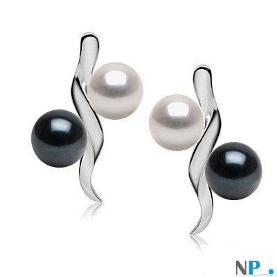 Boucles d'oreilles de perles de culture d'eau douce blanches et noires