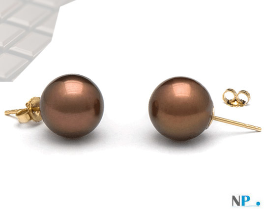 Boucles d'Oreilles or 14k perles d'eau douce Chocolat 8 à 9 mm AAA (rondes)