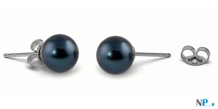Boucles d'Oreilles or 14k perles d'eau douce noires 6 à 7 mm AAA reflets bleus foncés