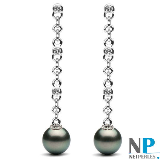 Boucles d'oreilles en Or Gris et DIamants avec perles de Tahiti AAA