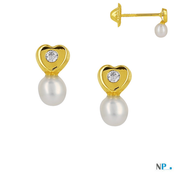 Boucles d'oreilles avec coeurs en or 18k et perles baroques blanches d'eau douce