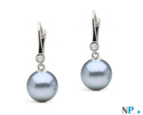 Boucles d'oreilles dormeuses en or gris avec diamants et perles d'Akoya bleues