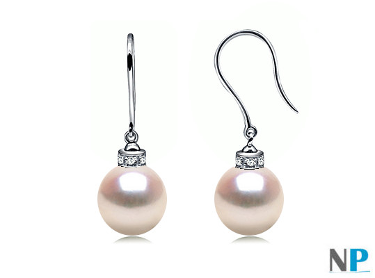 Boucles d'oreilles en Or Gris 18k avec perles de culture d'Akoya et diamants