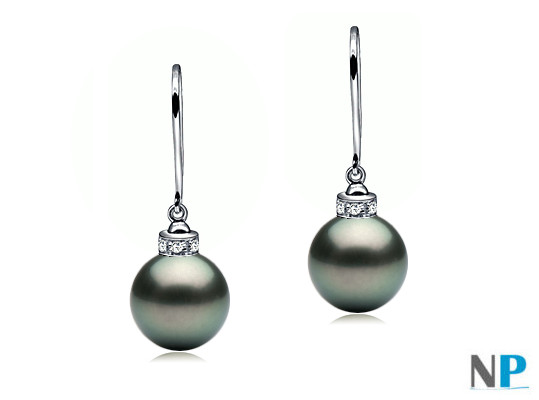 Boucles d'oreilles en Or Gris 18k (rhodié)  et Diamants avec perles de Tahiti AAA