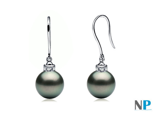 Boucles d'oreilles en Or Gris 18k (rhodié)  et Diamants avec perles de Tahiti AAA