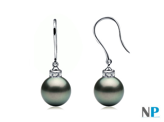 Boucles d'oreilles en Or Gris 18k (rhodié)  et Diamants avec perles de Tahiti AAA
