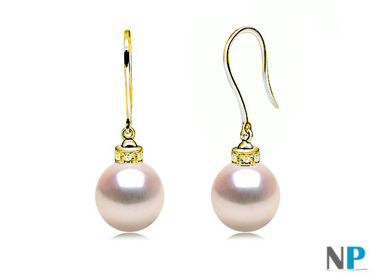 Boucles d'oreilles en Or Jaune 18k avec perles de culture d'Akoya et diamants