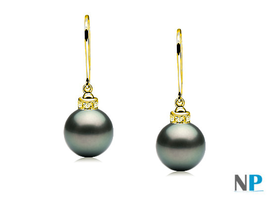 Boucles d'oreilles en Or Jaune 18k et Diamants avec perles de Tahiti AAA
