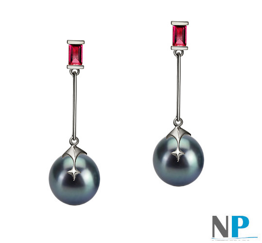 Boucles d'oreilles en Argent 925 rubis et perles d'eau douce noires AAA