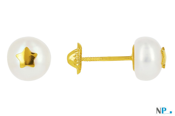 Boucles d'oreilles de perles d'Eau Douce en forme de bouton avec étoile en or 18k