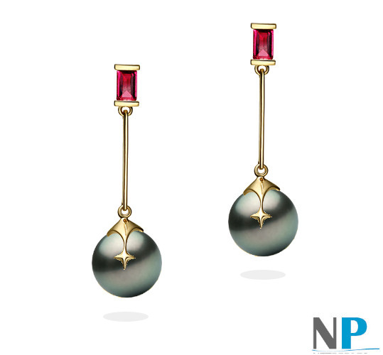 Boucles d'oreilles en Or Jaune 18k avec perles de Tahiti et rubis