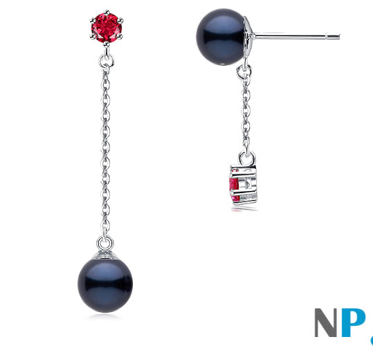 Boucles d'oreilles de perles de culture d'Akoya noires  et pierres tourmalines rouges