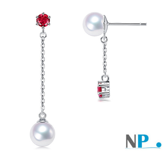 Boucles d'oreilles de perles de culture d'eau douce blanches et pierres tourmalines rouges