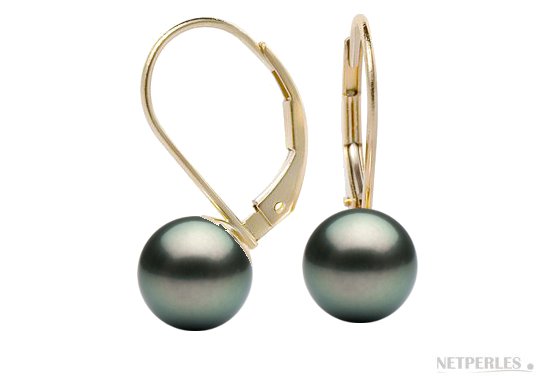 Boucles d'oreilles sur dormeuse en Or 14 carats avec perles noires de Tahiti