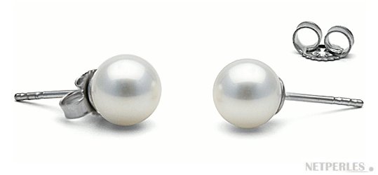 Paire de boucles d'Oreilles en Or gris 18k perles d'eau douce blanches 