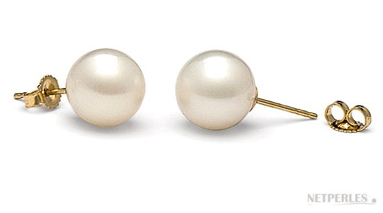 Paire de boucles d'oreilles de perles de culture d'eau douce blanches qualité AAA en Or Jaune