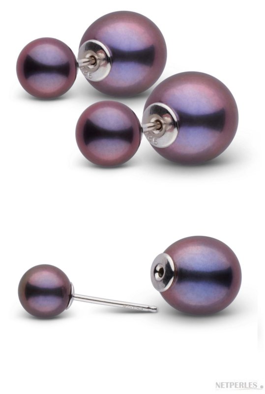 Boucles d'oreilles Recto Verso de perles de culture d'eau douce noires ronde et ovale