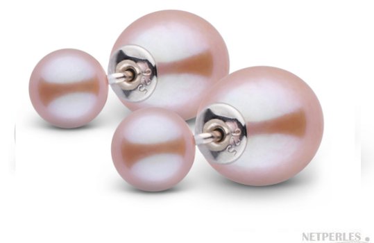 Boucles d'oreilles Recto Verso de perles de culture d'eau douce roses ronde et ovale