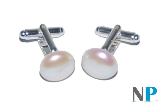 Boutons de manchette pour homme en argent 925 avec perles plates blanches d'eau douce de 15 mm