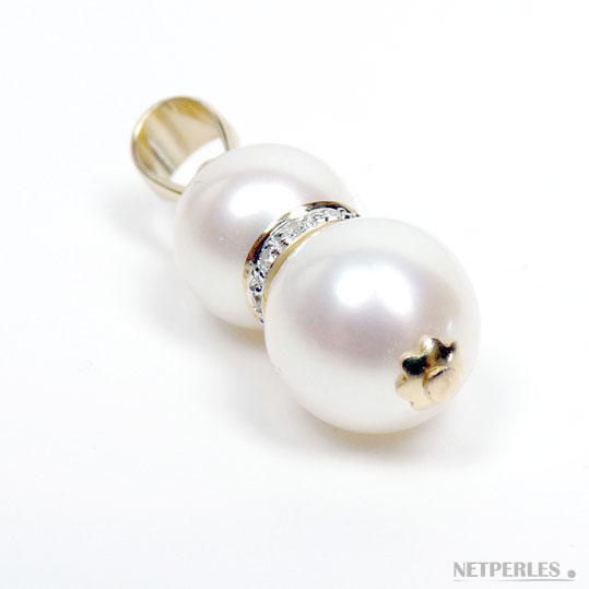 Pendentif perles de culture d'eau douce blanches qualité AAA avec bague en or et diamants
