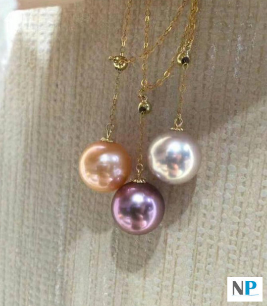 Collier Lariat Or 14k Perle Edison trois couleurs de perles