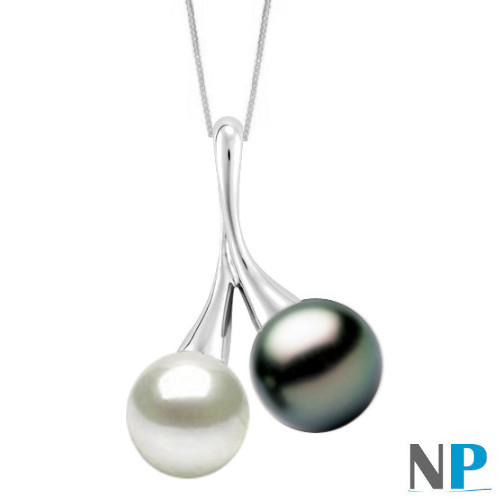 Pendente in argento 925 con due perle di coltura nera (Tahiti AAA) e bianca (acqua dolce Dolcehadama)