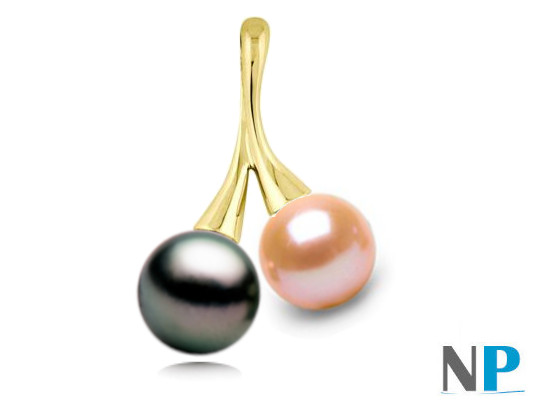 Pendentif en Or Jaune 18 carats avec une perle de Tahiti AAA et une perle d'eau douce Pêche  DOUCEHADAMA