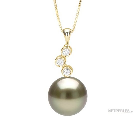 Pendentif Chimère Or Jaune 18k diamants et perle noire de Tahiti