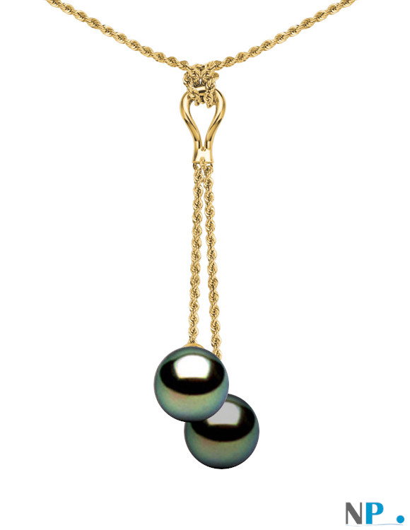 Pendentif collier en or jaune  avec deux perles de Tahiti