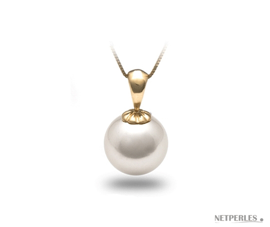 pendentif classique avec beliere or jaune et perle d'australie AAA blanche argenté