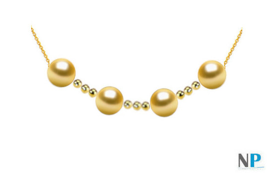 Collier chaine maille forçat or 18 carats traversant 4 perles dorées des Philippines  et 9 billes en or