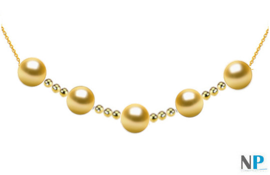 Collier chaine maille forçat or 18 carats traversant 5 perles dorées des Philippines  et 12 billes en or