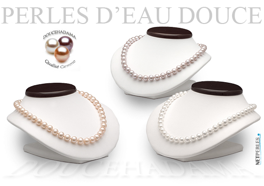 Collier d'eau douce très haut de gamme - colliers DOUCEHADAMA - perles blanches, perles lavandes, perles peches